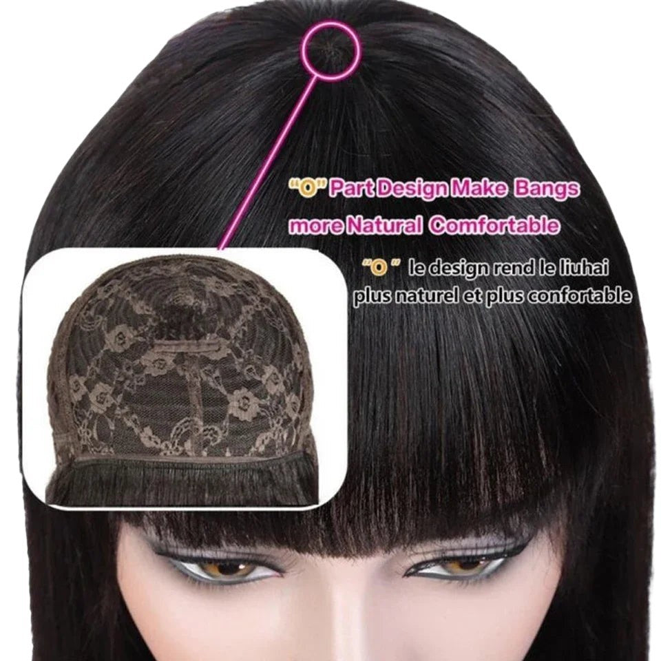 RitzWigs straight black human hair wig with bangs featuring a natural O-part cap design on a mannequin head