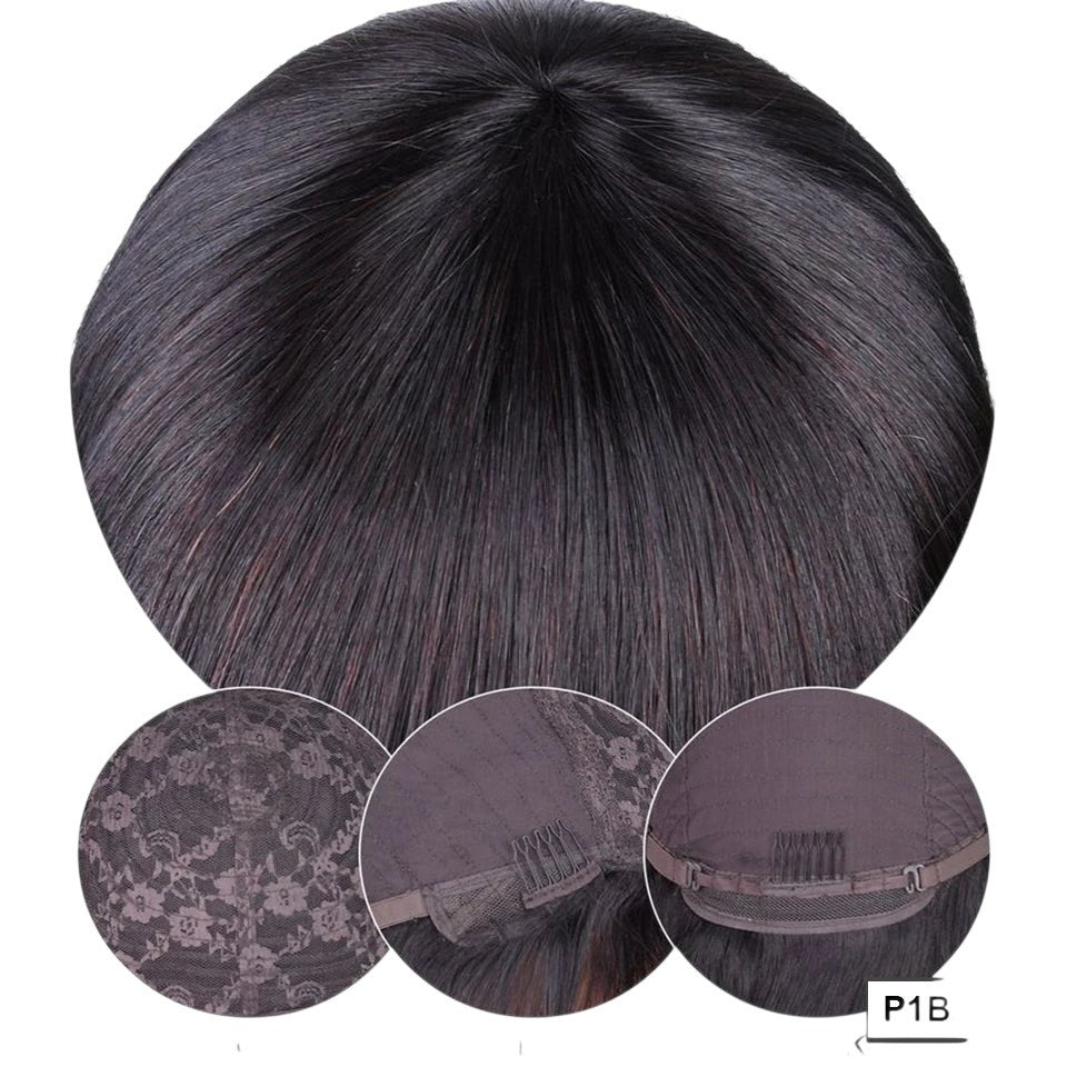 RitzWigs natural black straight human hair wig with bangs, showing the interior cap construction and glueless design.