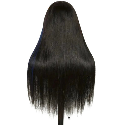 RitzWigs natural black straight Remy human hair wig with bangs on a mannequin head, 22-inch length.