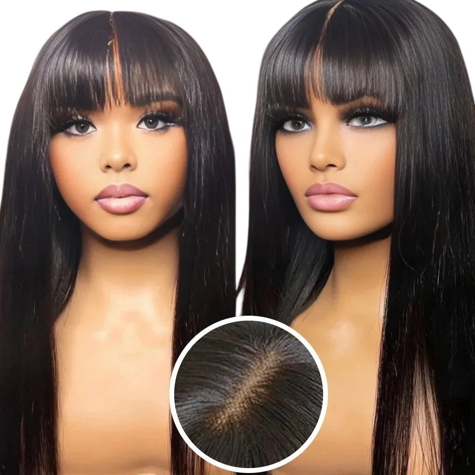 RitzWigs straight human hair wig with bangs and a 3x1 middle part lace base on a mannequin head