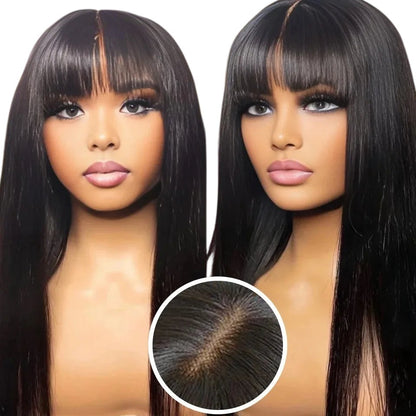 RitzWigs straight human hair wig with bangs and a 3x1 middle part lace base on a mannequin head