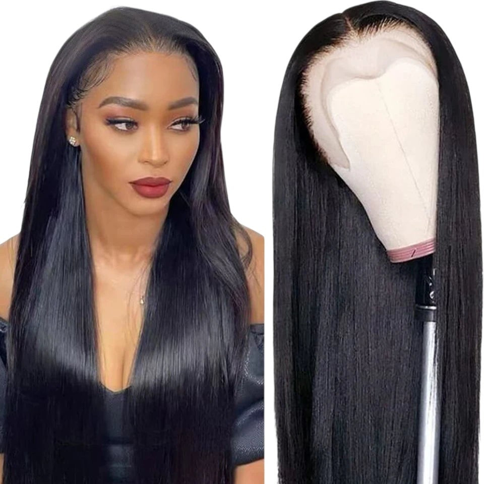 RitzWigs bone straight human hair lace front wig with transparent lace on a model and mannequin head