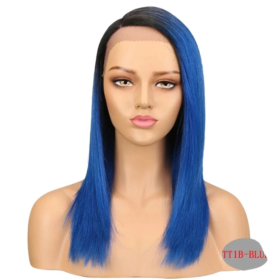RitzWigs straight ombre blue and black human hair bob lace wig on a mannequin head