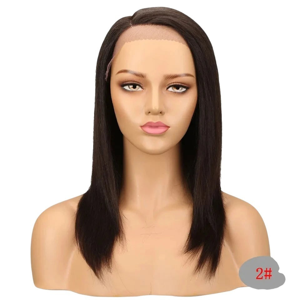 RitzWigs 16 inch straight ombre brown human hair lace wig on a mannequin head with natural baby hair