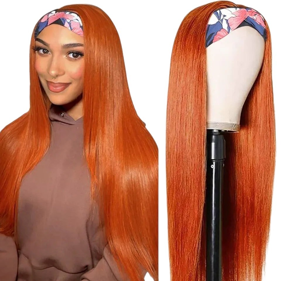 RitzWigs straight orange headband wig worn by a model and displayed on a mannequin head with a floral headband