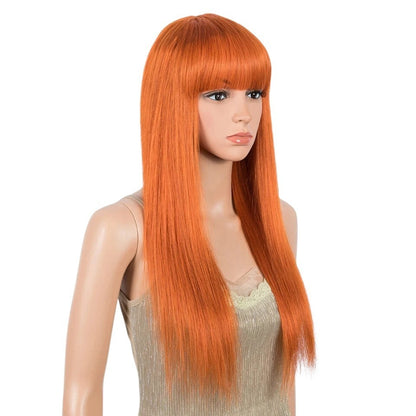RitzWigs straight orange human hair wig with bangs on a mannequin, featuring a sleek, medium-length style.