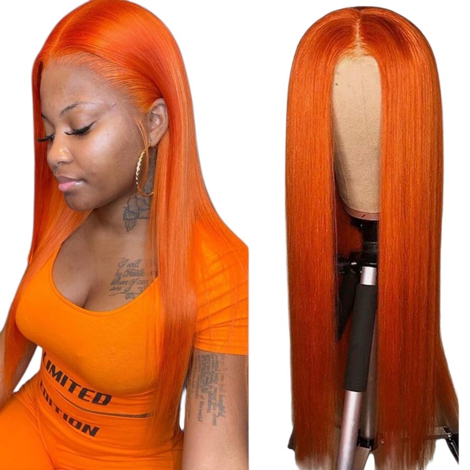 RitzWigs straight orange human hair lace front wig with transparent lace and middle part on a model and mannequin