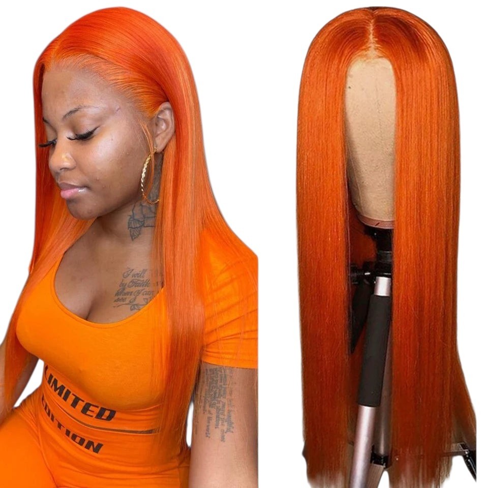RitzWigs straight orange human hair lace front wig with a middle part worn by a model and on a mannequin head