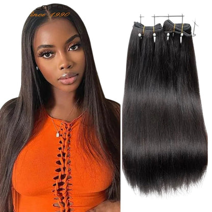 RitzWigs straight Peruvian Remy human hair weave bundles shown on a model and as a separate hair weft