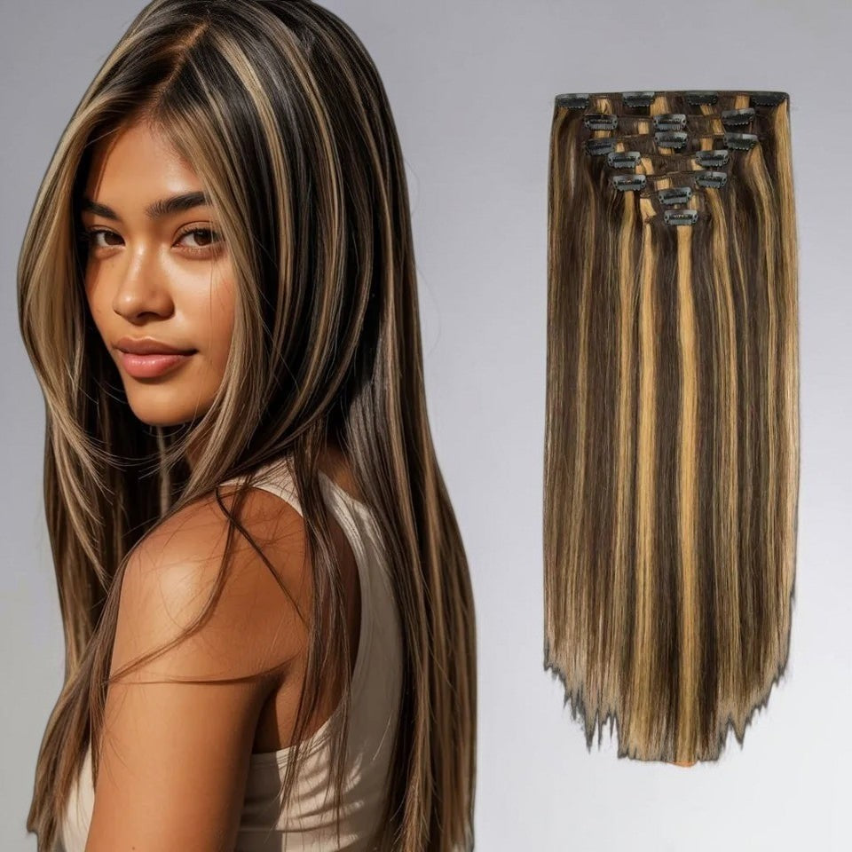 RitzWigs straight piano colour human hair clip-in extensions on a model for natural volume and length.