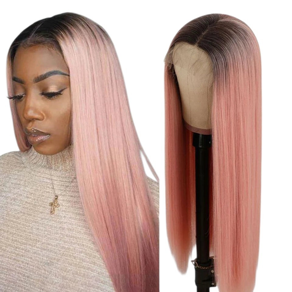 RitzWigs straight human hair wig with dark roots and soft pink highlights on a mannequin head and model