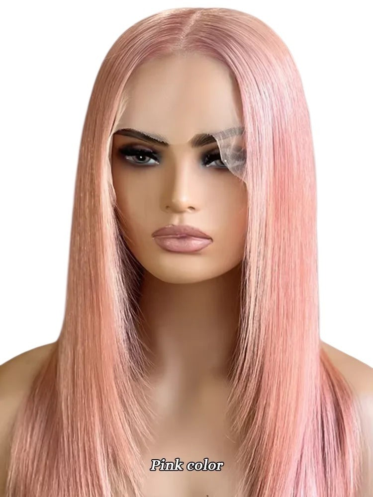 RitzWigs straight pink human hair lace front wig on a mannequin with a natural middle part and transparent lace