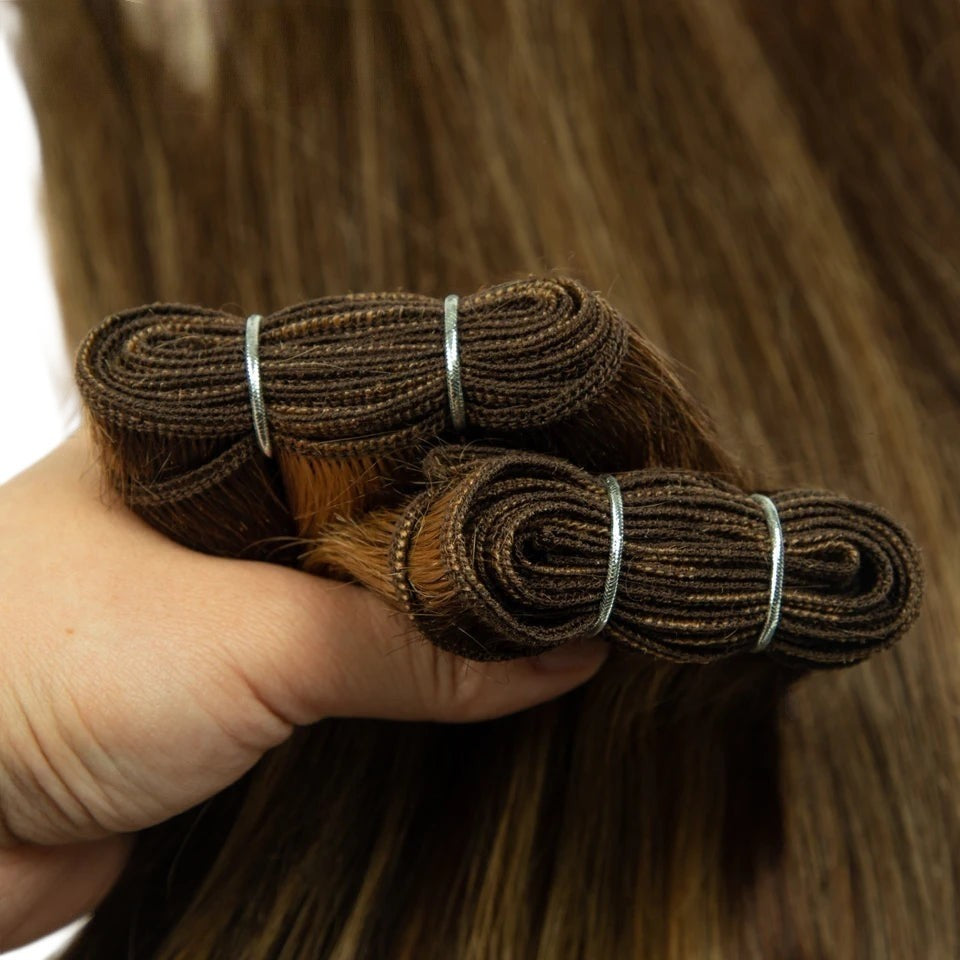 RitzWigs straight Remy human hair weave bundles with P4/27 highlights and machine double weft construction