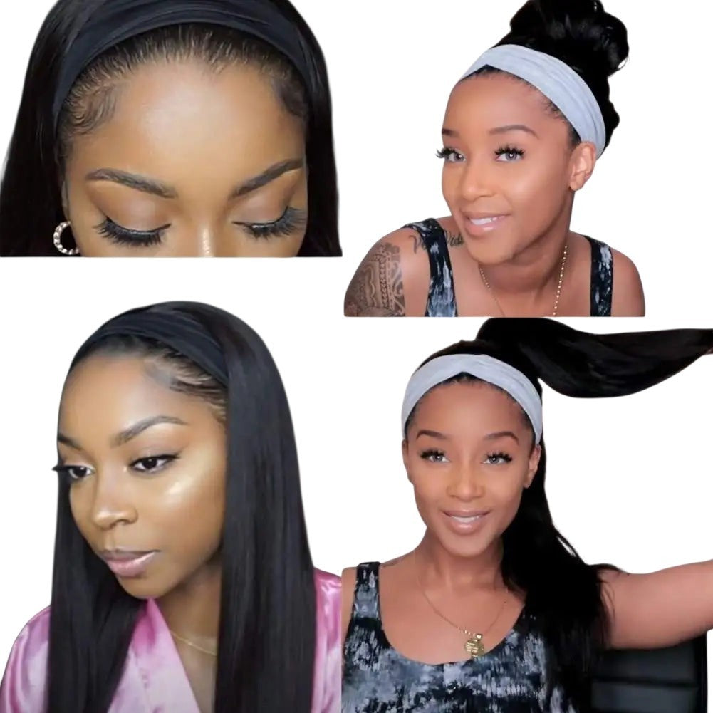 RitzWigs straight Brazilian Remy human hair headband wig worn by models in various styles