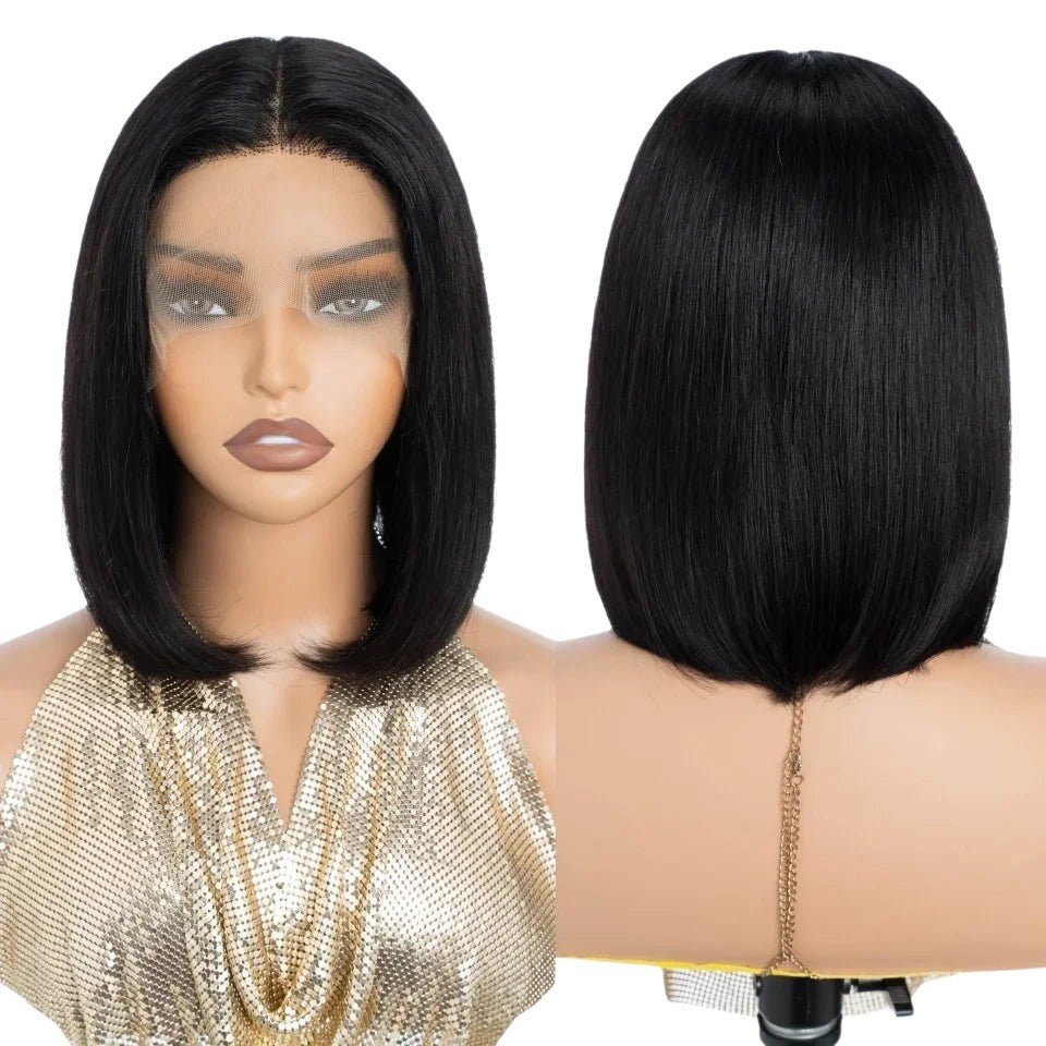 RitzWigs natural black straight short bob human hair wig with 13x6x1 transparent lace front on a mannequin