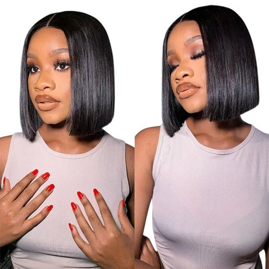 RitzWigs natural black straight short bob human hair wig with transparent lace front on a model
