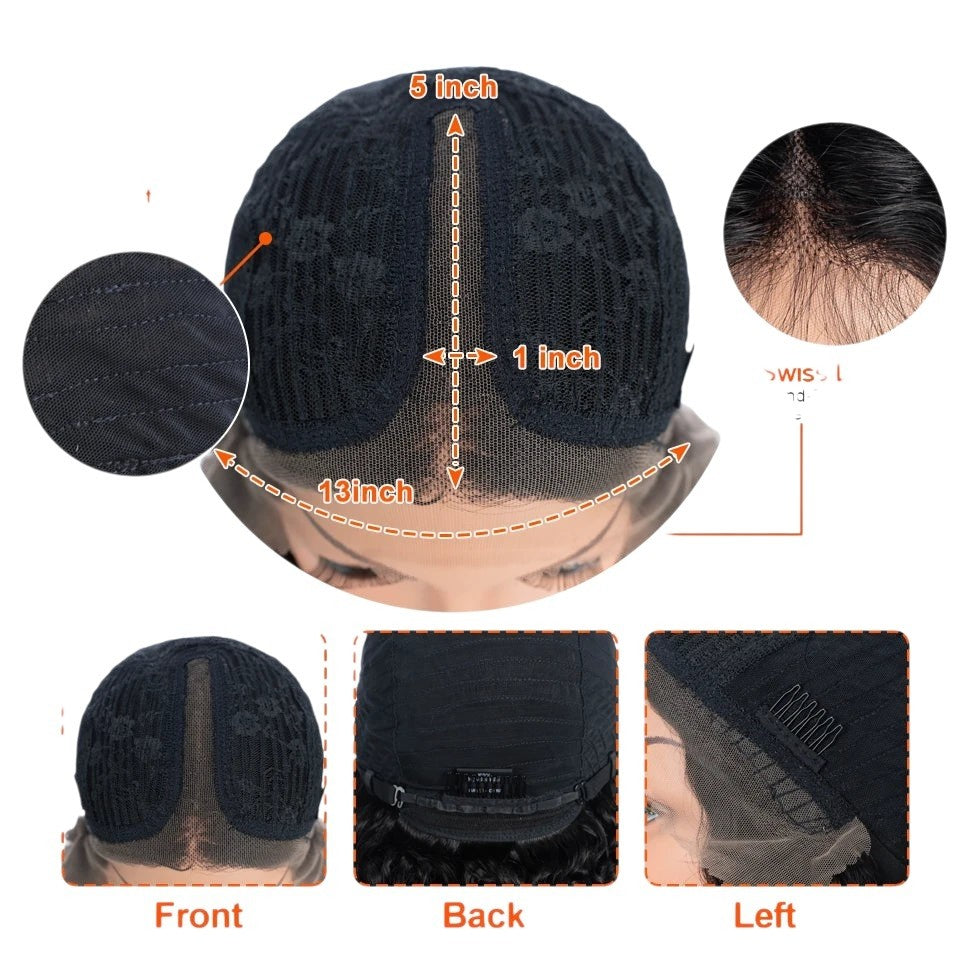 RitzWigs T-part lace front wig cap construction showing Swiss lace, elastic net, and adjustable straps for a secure fit.