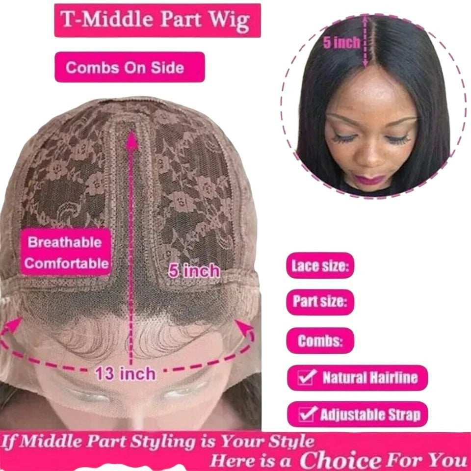 RitzWigs 13x5x2 T-part lace front wig with a 5-inch deep middle part, breathable cap, and natural hairline.