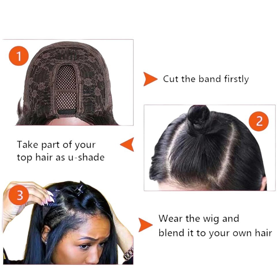 RitzWigs U-part wig application guide showing cap construction, hair sectioning, and blending steps on a model.