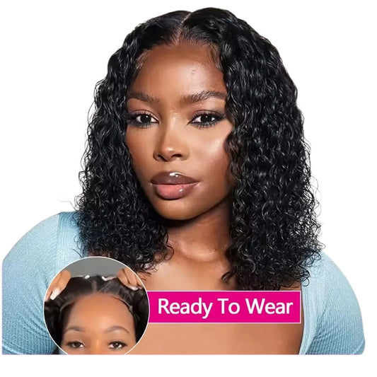 RitzWigs water wave bob wig on a model with natural black human hair and a transparent 4x4 lace closure