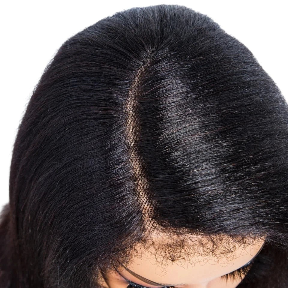 RitzWigs short yaki straight Brazilian human hair lace wig with a natural left side part on a mannequin head
